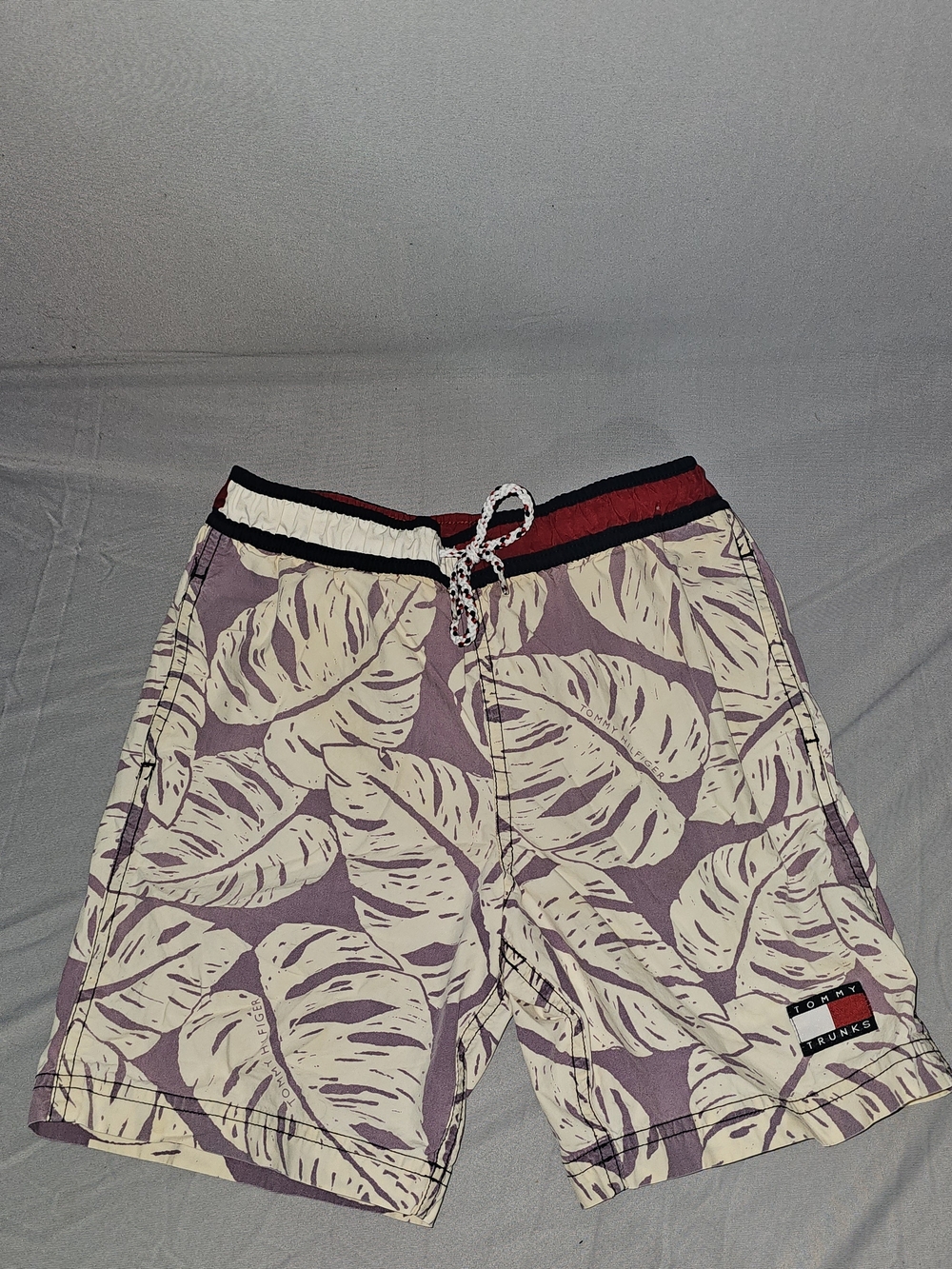 Tommy Hilfiger Purple Leaf-Print Kids Swim Trunks with Cream Pattern
